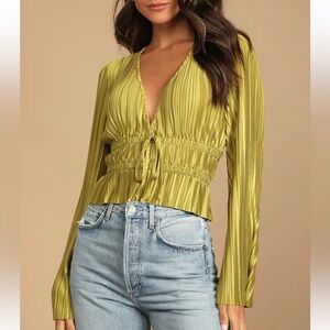 Lulus Chartreuse Pleated Bell Sleeve Top